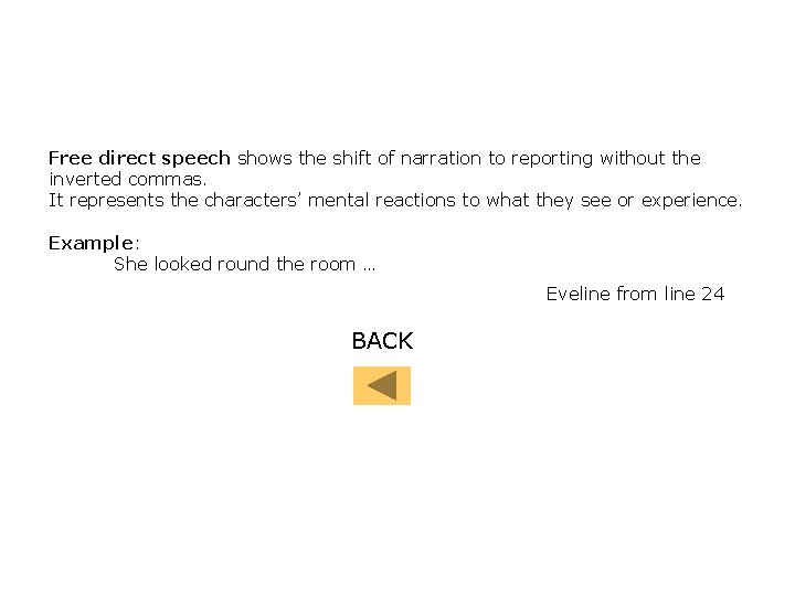 Free direct speech shows the shift of narration to reporting without the inverted commas.