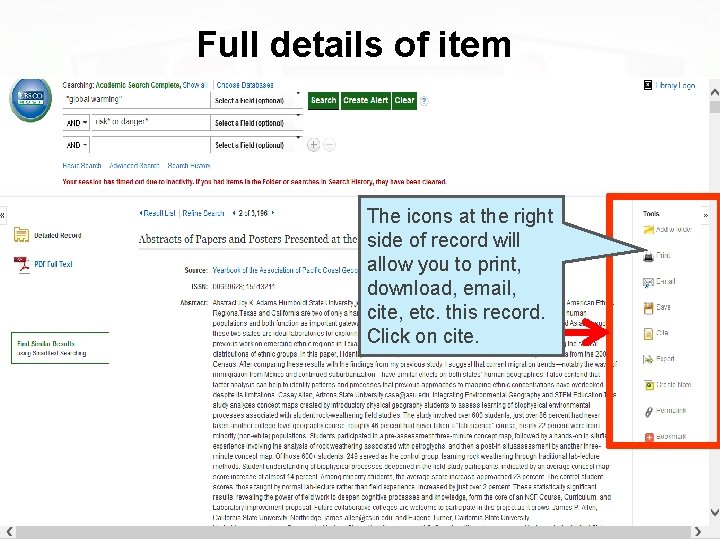 Full details of item The icons at the right side of record will allow
