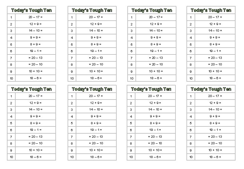 Today’s Tough Ten Today’s Tough Ten 1 20 – 17 = 1 20 –
