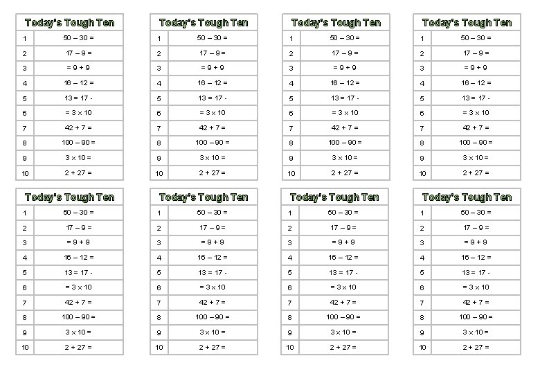 Today’s Tough Ten Today’s Tough Ten 1 50 – 30 = 1 50 –