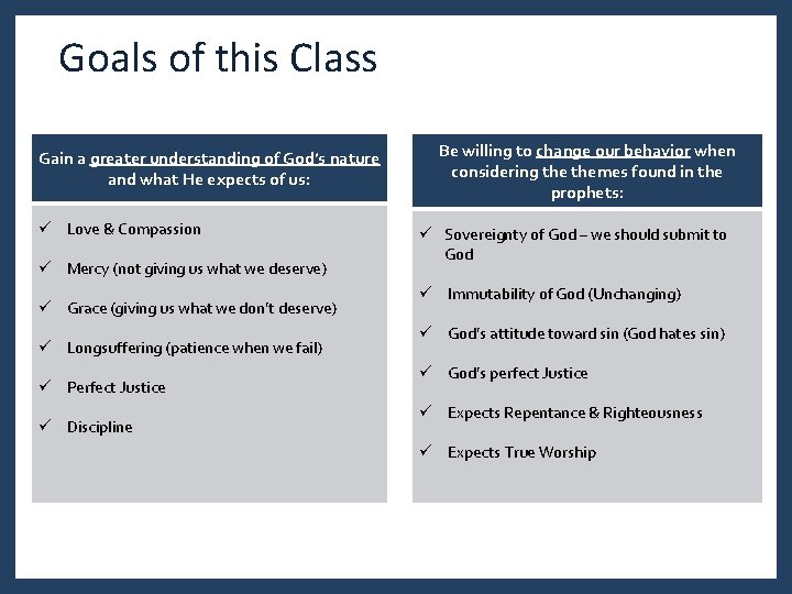 Goals of this Class Gain a greater understanding of God’s nature and what He Goals of this Class Gain a greater understanding of God’s nature and what He