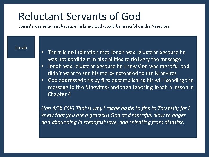 Reluctant Servants of God Jonah’s was reluctant because he knew God would be merciful Reluctant Servants of God Jonah’s was reluctant because he knew God would be merciful