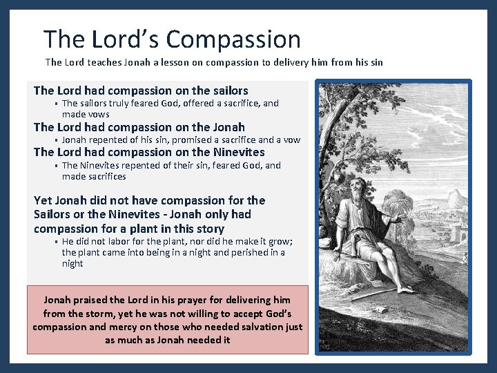 The Lord’s Compassion The Lord teaches Jonah a lesson on compassion to delivery him The Lord’s Compassion The Lord teaches Jonah a lesson on compassion to delivery him