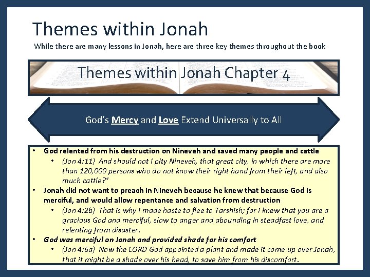 Themes within Jonah While there are many lessons in Jonah, here are three key Themes within Jonah While there are many lessons in Jonah, here are three key