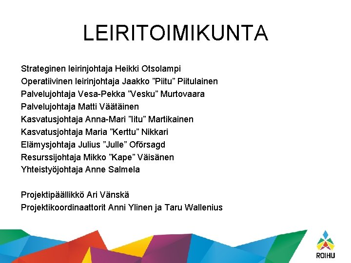 LEIRITOIMIKUNTA Strateginen leirinjohtaja Heikki Otsolampi Operatiivinen leirinjohtaja Jaakko ”Piitu” Piitulainen Palvelujohtaja Vesa-Pekka ”Vesku” Murtovaara