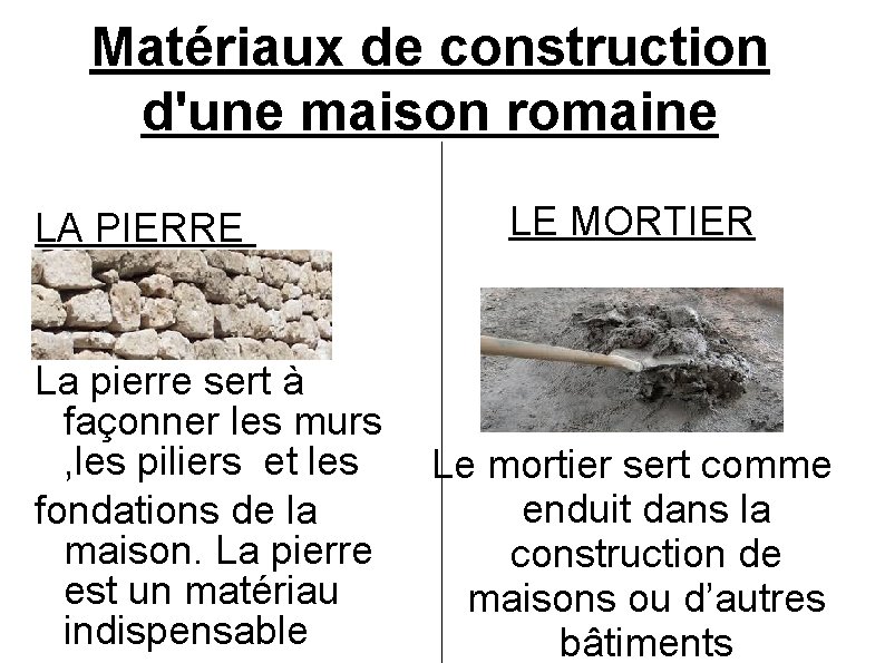 Matériaux de construction d'une maison romaine LA PIERRE La pierre sert à façonner les