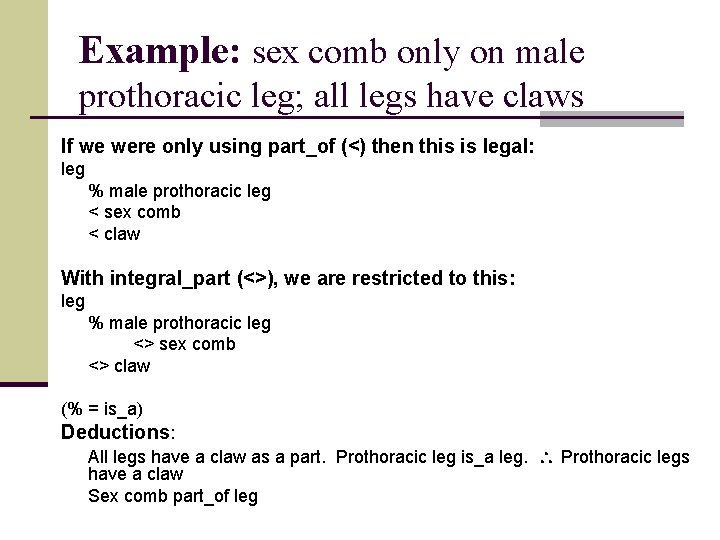 Example: sex comb only on male prothoracic leg; all legs have claws If we