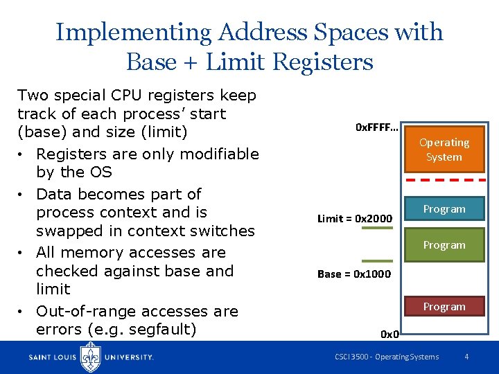 Implementing Address Spaces with Base + Limit Registers Two special CPU registers keep track