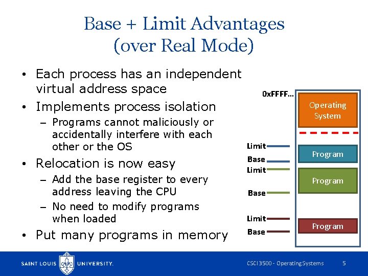 Base + Limit Advantages (over Real Mode) • Each process has an independent virtual