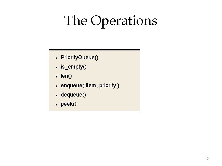 The Operations Priority. Queue() is_empty() len() enqueue( item, priority ) dequeue() peek() 5 