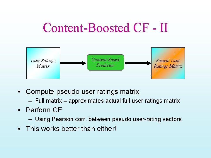 Content-Boosted CF - II User Ratings Matrix Content-Based Predictor Pseudo User Ratings Matrix •