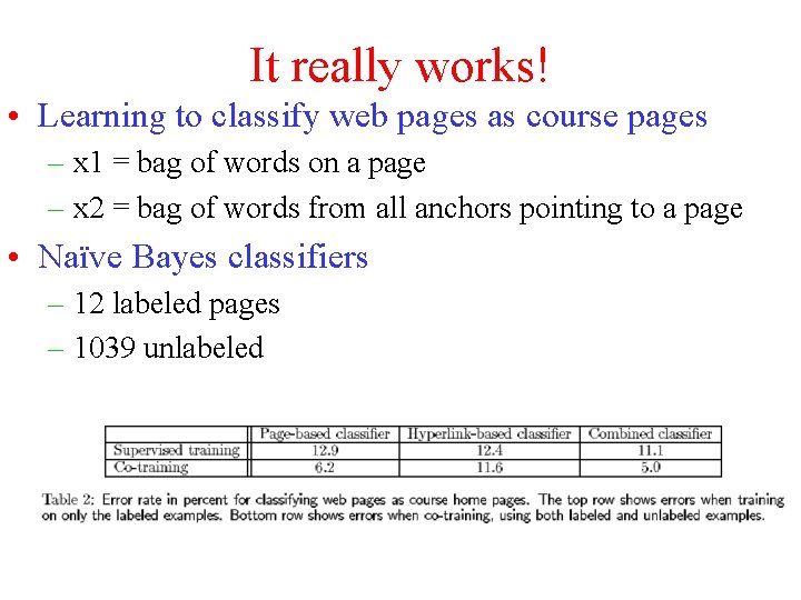 It really works! • Learning to classify web pages as course pages – x