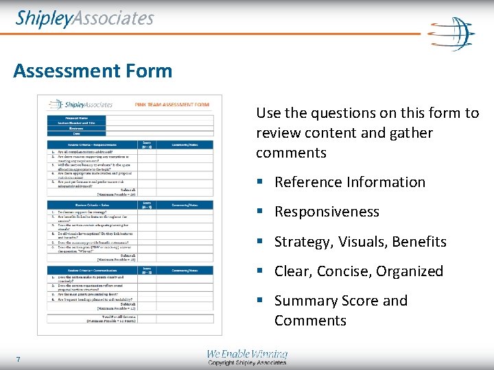 Assessment Form Use the questions on this form to review content and gather comments