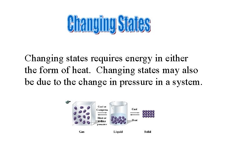Changing states requires energy in either the form of heat. Changing states may also