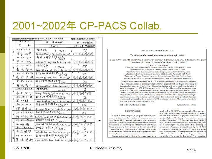 2001~2002年 CP-PACS Collab. KK 60研究会 T. Umeda (Hiroshima) 3 / 16 