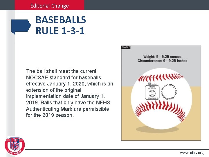 Editorial Change BASEBALLS RULE 1 -3 -1 The ball shall meet the current NOCSAE
