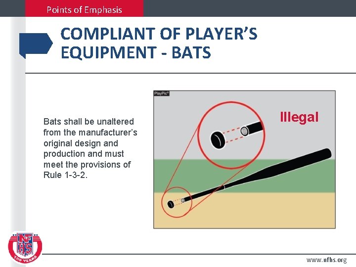Points of Emphasis COMPLIANT OF PLAYER’S EQUIPMENT - BATS Bats shall be unaltered from