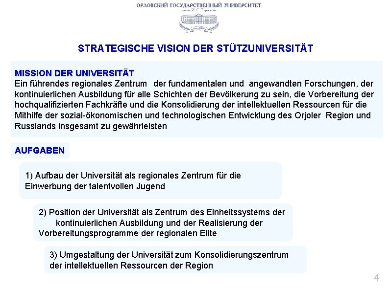 STRATEGISCHE VISION DER STÜTZUNIVERSITÄT MISSION DER UNIVERSITÄT Ein führendes regionales Zentrum der fundamentalen und