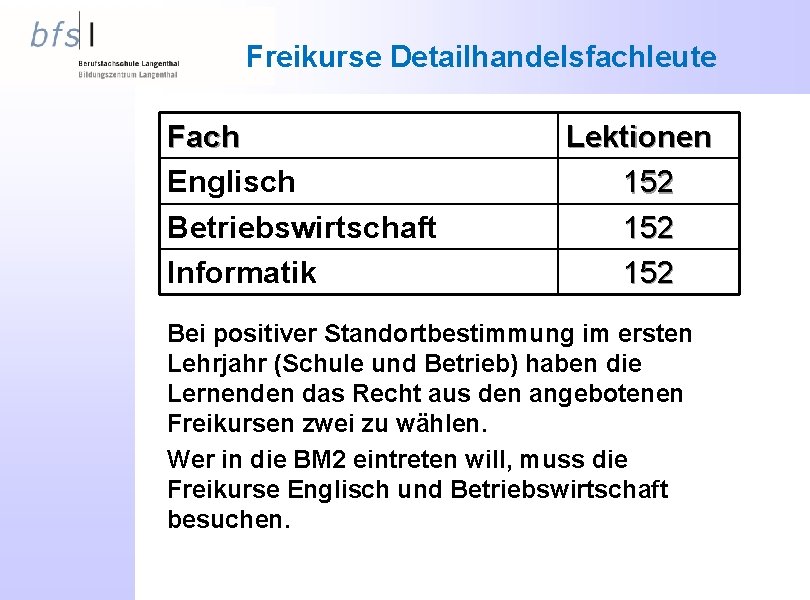 Freikurse Detailhandelsfachleute Fach Englisch Betriebswirtschaft Informatik Lektionen 152 152 Bei positiver Standortbestimmung im ersten