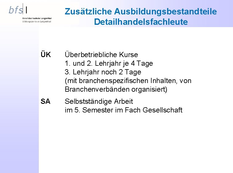 Zusätzliche Ausbildungsbestandteile Detailhandelsfachleute ÜK Überbetriebliche Kurse 1. und 2. Lehrjahr je 4 Tage 3.