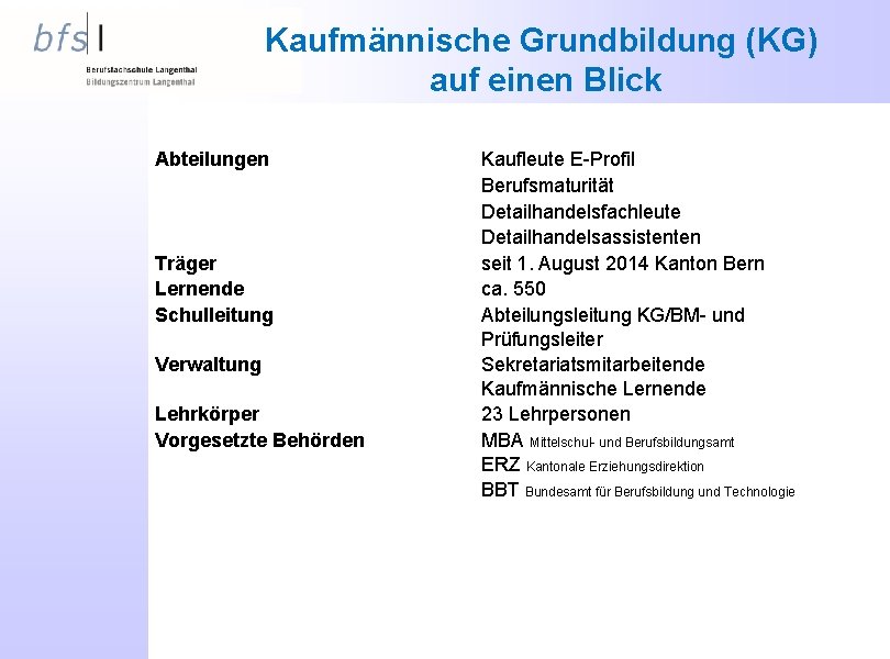 Kaufmännische Grundbildung (KG) auf einen Blick Abteilungen Träger Lernende Schulleitung Verwaltung Lehrkörper Vorgesetzte Behörden