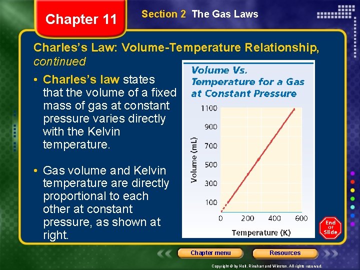 Chapter 11 Section 2 The Gas Laws Charles’s Law: Volume-Temperature Relationship, continued • Charles’s