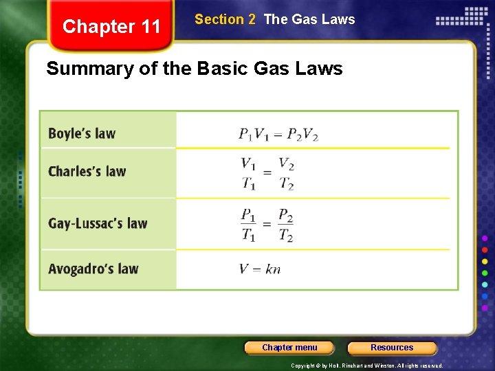 Chapter 11 Section 2 The Gas Laws Summary of the Basic Gas Laws Chapter
