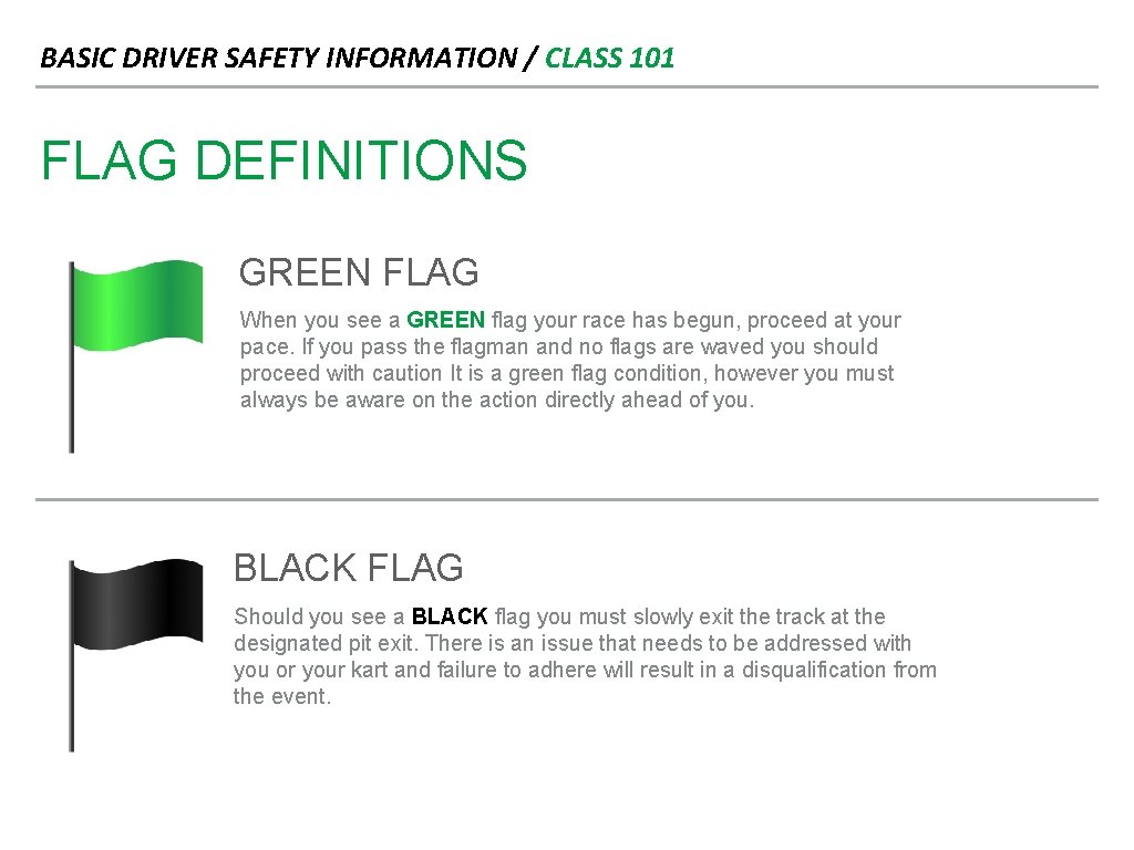 BASIC DRIVER SAFETY INFORMATION / CLASS 101 FLAG DEFINITIONS GREEN FLAG When you see