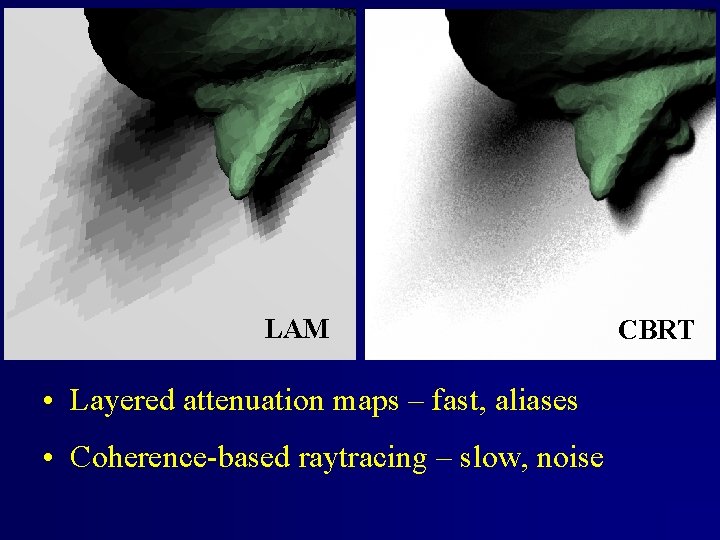 LAM • Layered attenuation maps – fast, aliases • Coherence-based raytracing – slow, noise