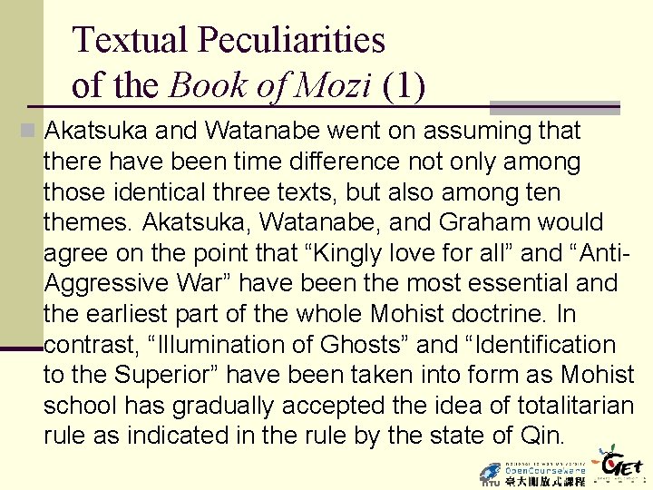 Textual Peculiarities of the Book of Mozi (1) n Akatsuka and Watanabe went on