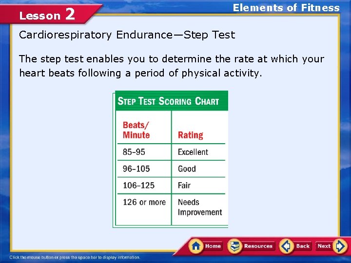 Lesson 2 Elements of Fitness Cardiorespiratory Endurance—Step Test The step test enables you to