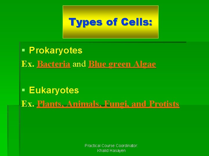 Types of Cells: § Prokaryotes Ex. Bacteria and Blue green Algae § Eukaryotes Ex.
