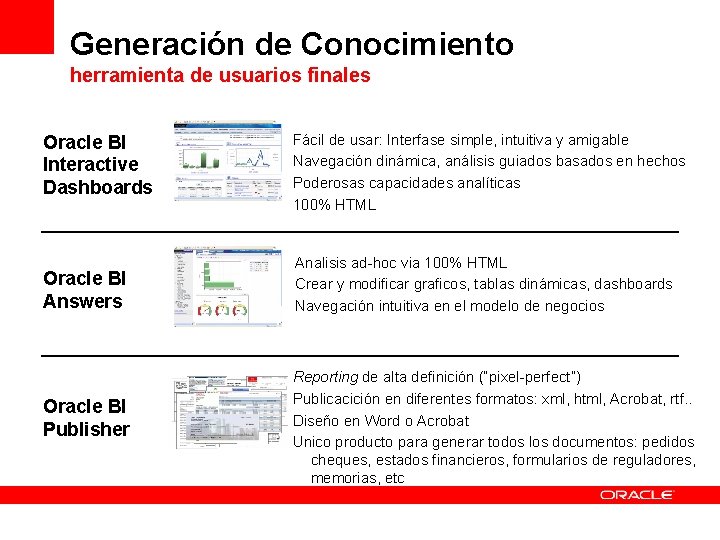 Generación de Conocimiento herramienta de usuarios finales Oracle BI Interactive Dashboards Fácil de usar: