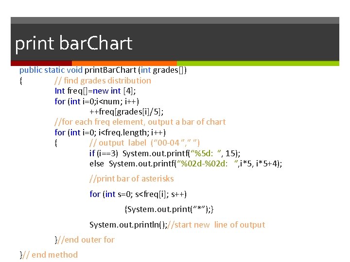 print bar. Chart public static void print. Bar. Chart (int grades[]) { // find