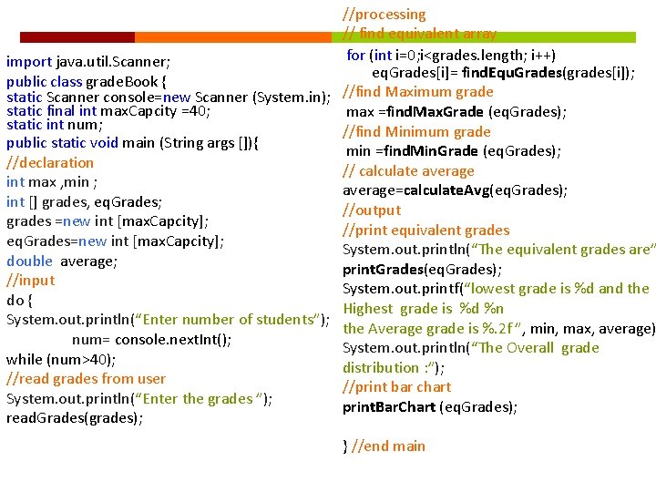 //processing // find equivalent array for (int i=0; i<grades. length; i++) import java. util.