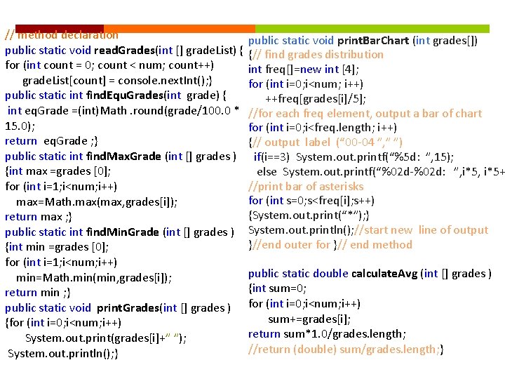 // method declaration public static void read. Grades(int [] grade. List) { for (int