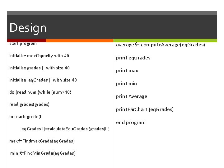 Design start program average compute. Average(eq. Grades) initialize max. Capacity with 40 print eq.