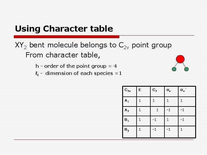 Using Character table XY 2 bent molecule belongs to C 2 v point group