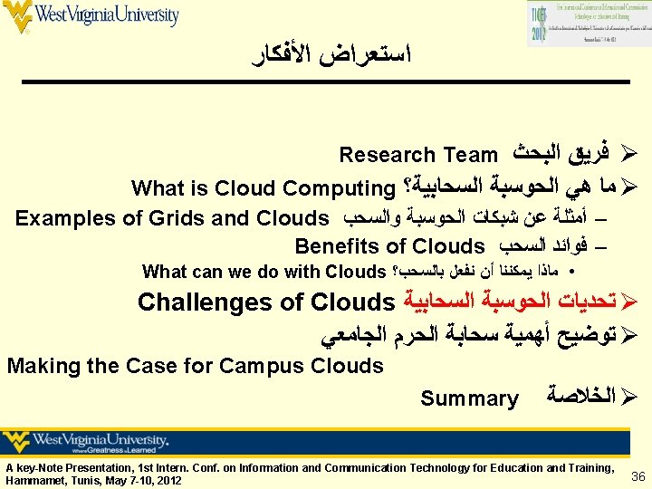  ﺍﺳﺘﻌﺮﺍﺽ ﺍﻷﻔﻜﺎﺭ Research Team ﻓﺮﻳﻖ ﺍﻟﺒﺤﺚ Ø What is Cloud Computing ﻣﺎ ﻫﻲ