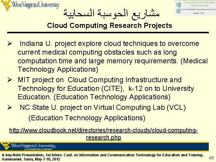  ﻣﺸﺎﺭﻳﻊ ﺍﻟﺤﻮﺳﺒﺔ ﺍﻟﺴﺤﺎﺑﻴﺔ Cloud Computing Research Projects Ø Indiana U. project explore cloud