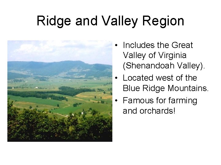 Ridge and Valley Region • Includes the Great Valley of Virginia (Shenandoah Valley). •