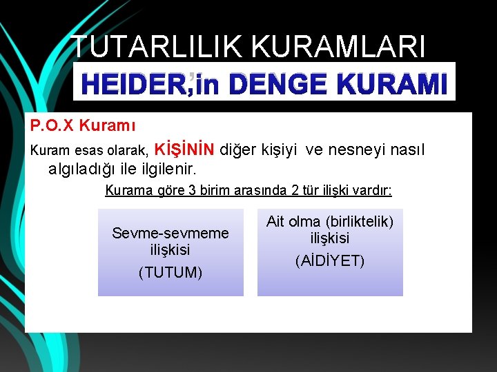 TUTARLILIK KURAMLARI HEIDER’in DENGE KURAMI P. O. X Kuramı Kuram esas olarak, KİŞİNİN diğer