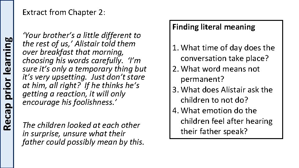 Recap prior learning Extract from Chapter 2: ‘Your brother’s a little different to the