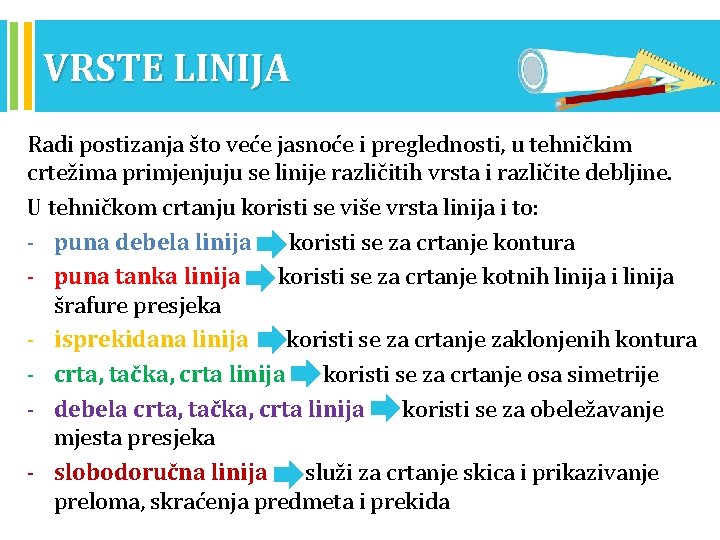 VRSTE LINIJA Radi postizanja što veće jasnoće i preglednosti, u tehničkim crtežima primjenjuju se