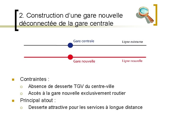 2. Construction d’une gare nouvelle déconnectée de la gare centrale n Contraintes : ¡
