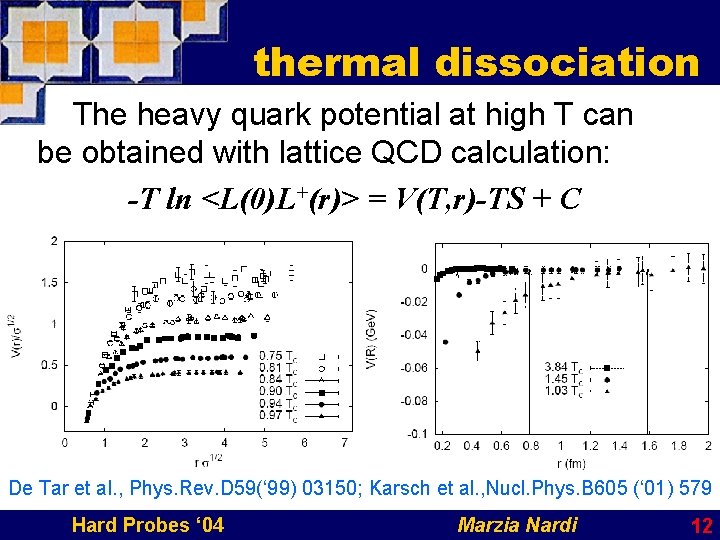 thermal dissociation The heavy quark potential at high T can be obtained with lattice