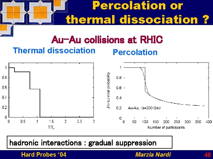 Percolation or thermal dissociation ? Au-Au collisions at RHIC Thermal dissociation Percolation hadronic interactions