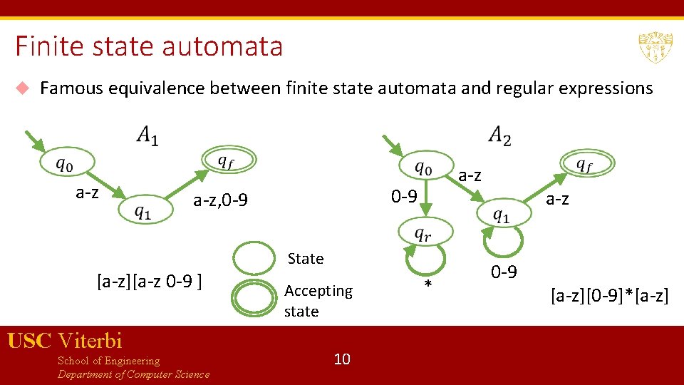 Finite state automata Famous equivalence between finite state automata and regular expressions a-z 0