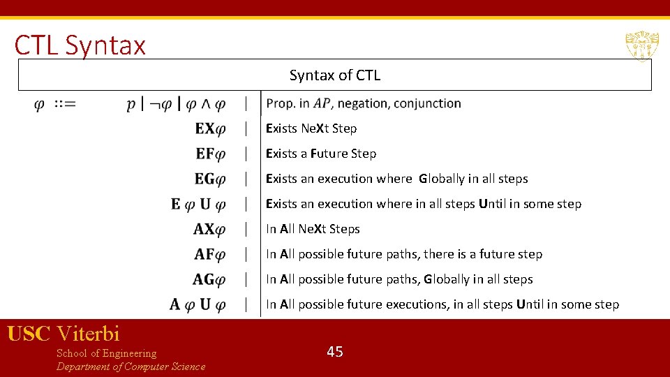 CTL Syntax of CTL | | Exists Ne. Xt Step | Exists a Future