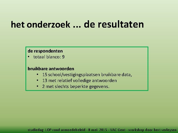 het onderzoek. . . de resultaten de respondenten • totaal blanco: 9 bruikbare antwoorden